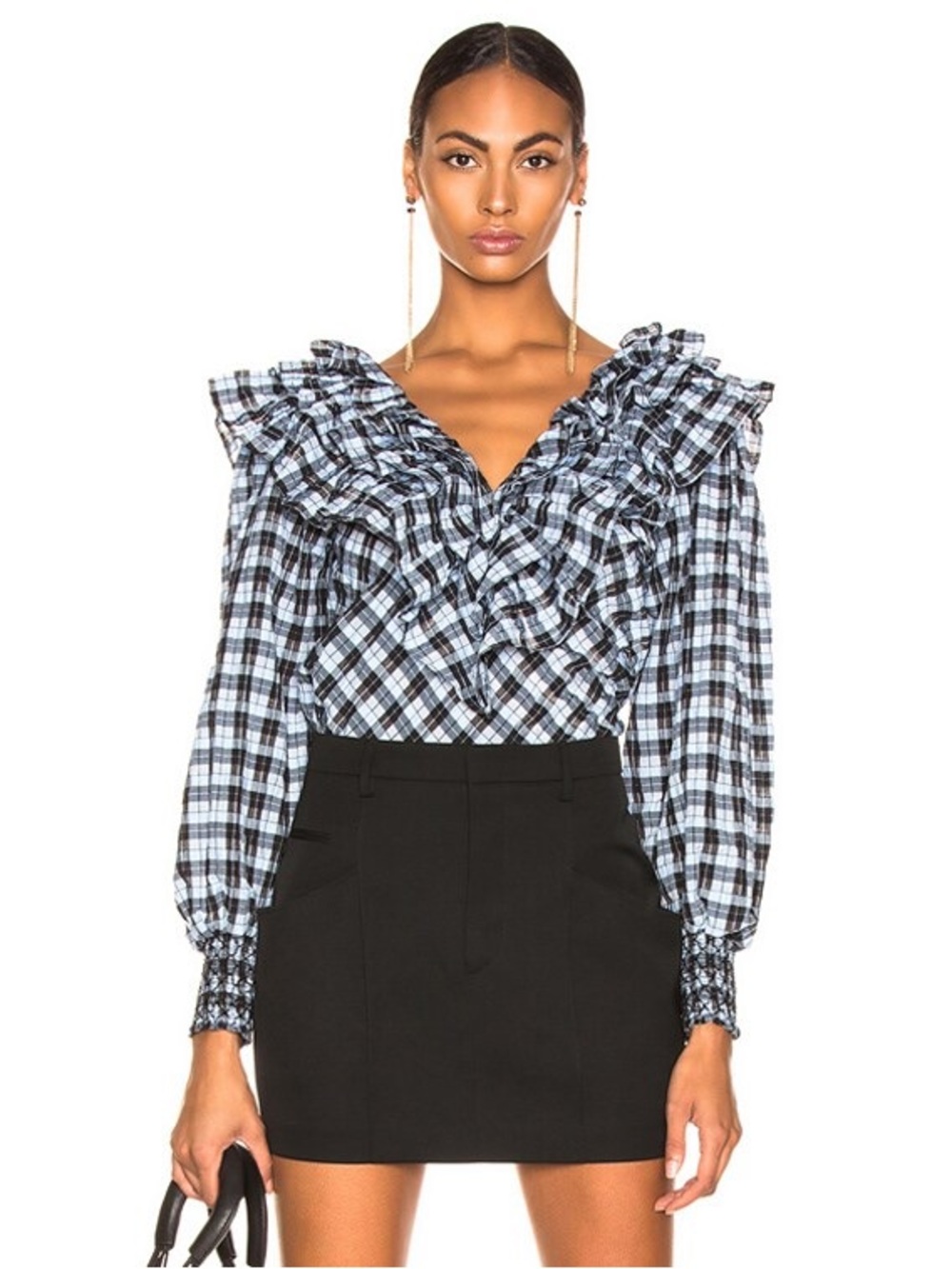 Ganni Charron Blouse in Serenity Blue Plaid Ruffle size 34/2